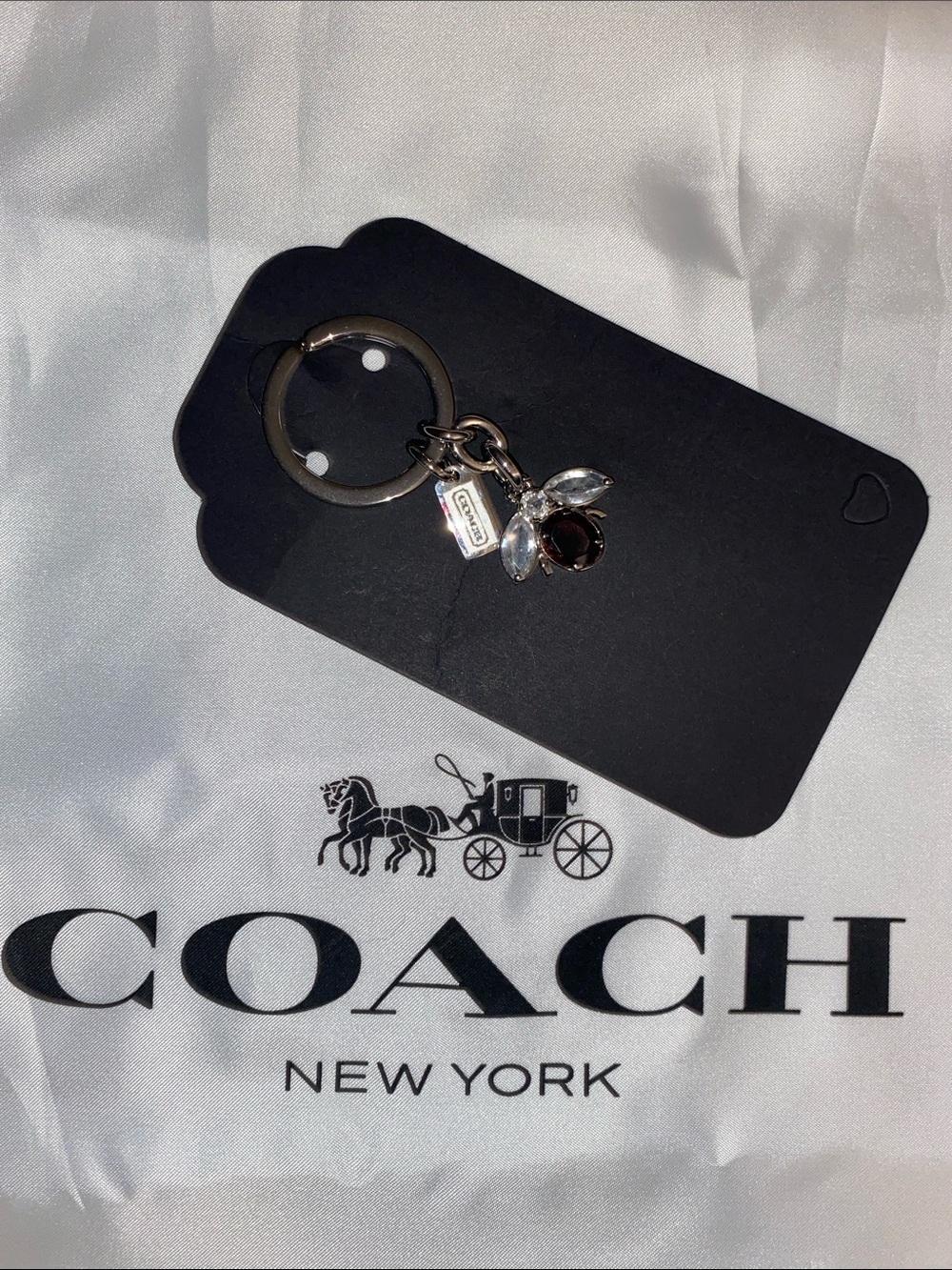 COACH Silver-Tone Bee Charm Keyring with Clear and Dark Crystals